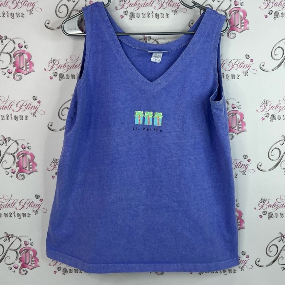 Fresh Produce tank top st. Barths palm trees Purple Tank Top with Embroidery